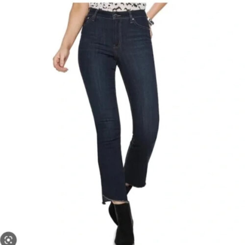 Women 12 Nine West Bedford Hi Rise Kick Flare Jeans Raw Hem Dark Wash Denim J40